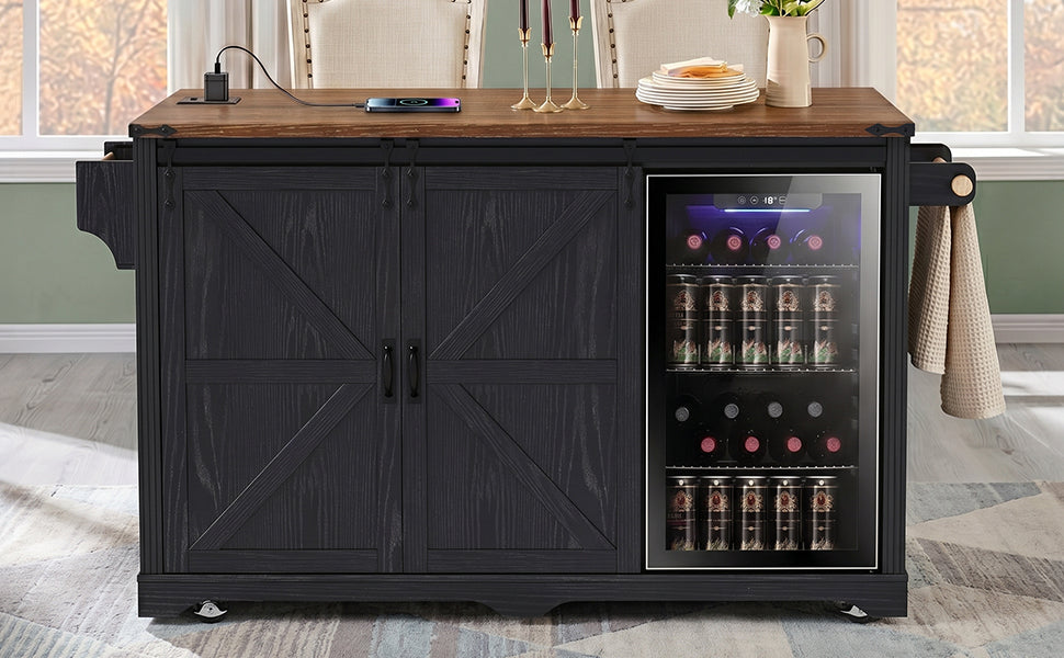 K&K 72" Farmhouse Kitchen Island with Fridge Storage Space & Power Outlet