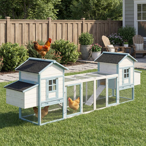 Large Wooden Chicken Coop with Double Nesting Boxes, Outdoor Walk-In Chicken Run with Waterproof Asphalt Roof, Fir Wood Poultry Cage with Pull-Out Dropping Trays