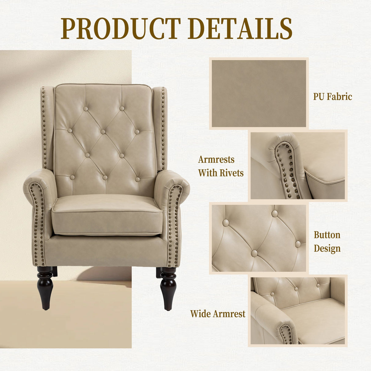 Modern Accent Lounge Chair with Sturdy Wood Legs in Camel PU Leather