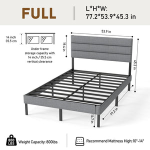 Upholstered Platform Bed Frame With Headboard, No Box Spring Needed, Underbed Storage