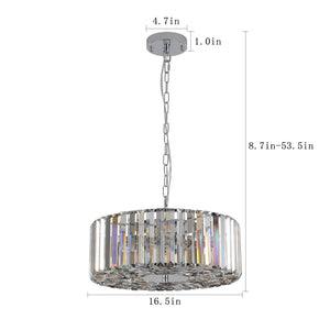 17' Chrome Crystal Pendant Chandelier, Modern Hanging Light Fixture with Adjustable Height, 4-Light E26 Base for Living Room, Dining Room, or Kitchen (No Bulbs)