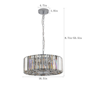 17' Chrome Crystal Pendant Chandelier, Modern Hanging Light Fixture with Adjustable Height, 4-Light E26 Base for Living Room, Dining Room, or Kitchen (No Bulbs)