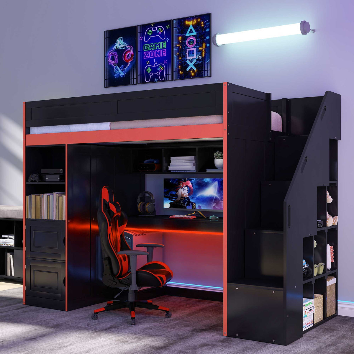 Gaming Loft Bed With Desk And Storage, LED Lights
