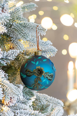 Light Blue Glass Christmas Ball Ornaments with Glitter Details - Set of 4 or 6