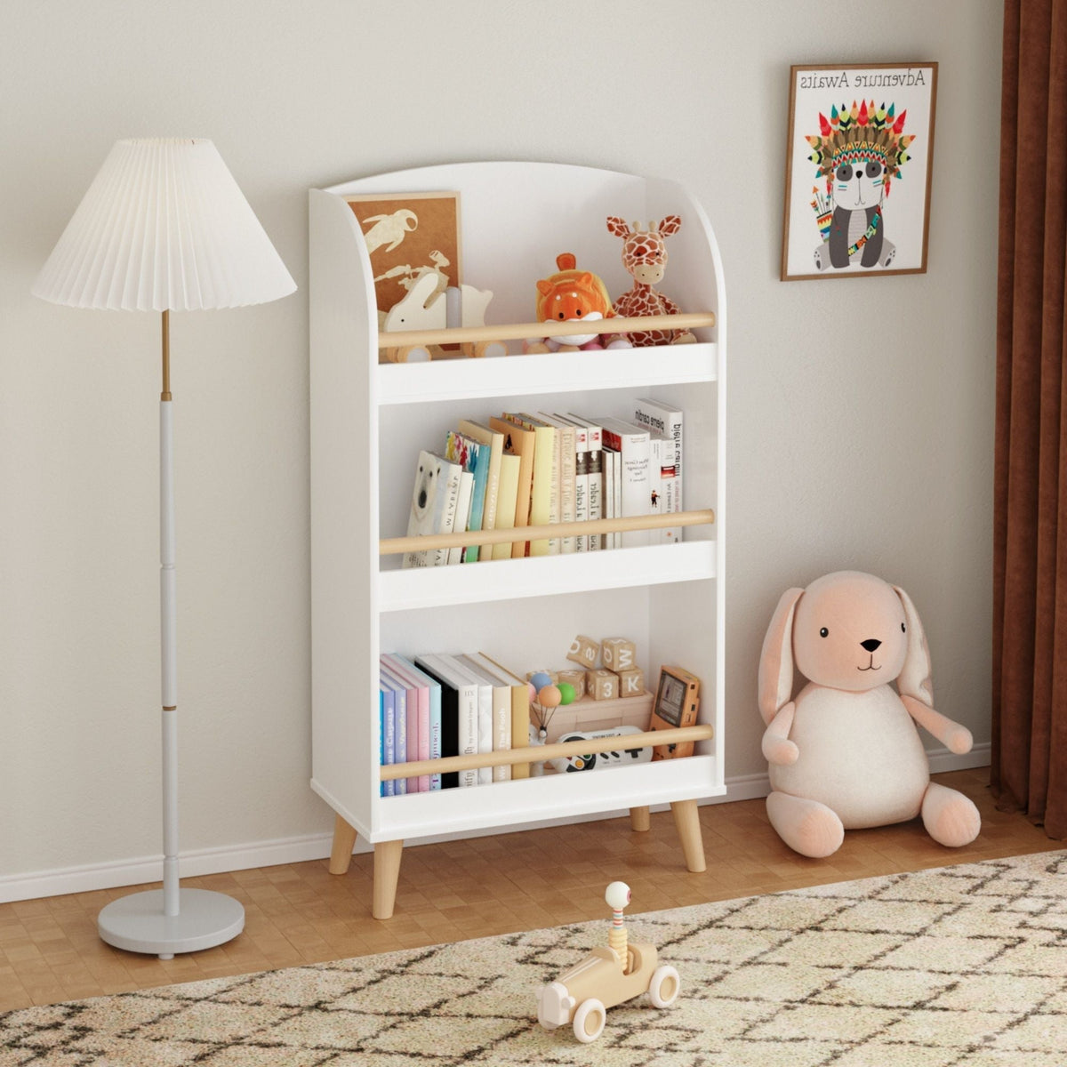 White 3-Tier Bookshelf with Toy Storage - MDF & Pine Construction