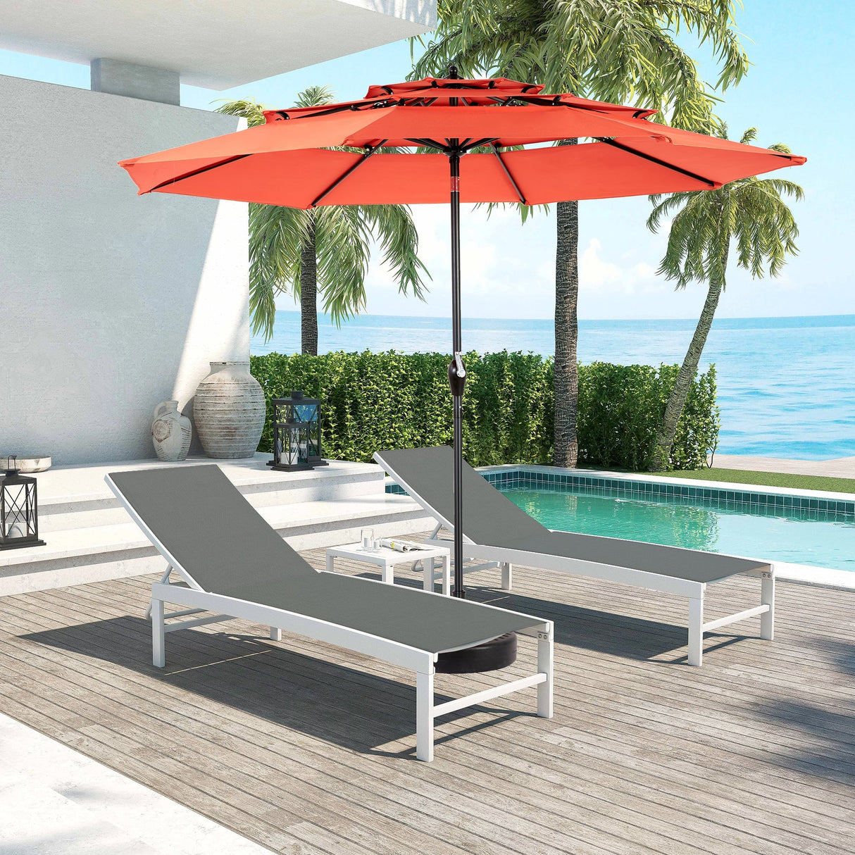 Aluminium 10ft 3-Tier Auto-Tilt Outdoor Patio Umbrella - Orange
