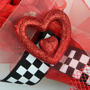 20-In. Valentine's Day Ribbon Wreath with Roses, Bows, and Glitter Hearts, Festive Hanging Door or Wall Decoration