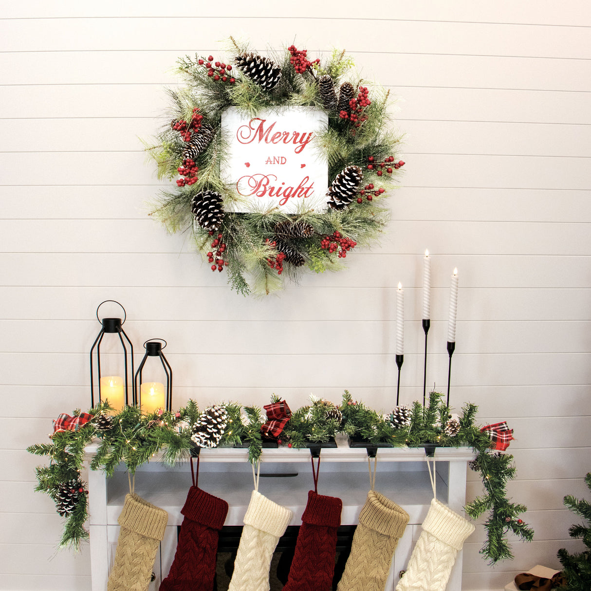 26-Inch Frosted Wreath with Pinecones, Red Berries, and Merry Christmas Sign