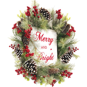 26-Inch Frosted Wreath with Pinecones, Red Berries, and Merry Christmas Sign