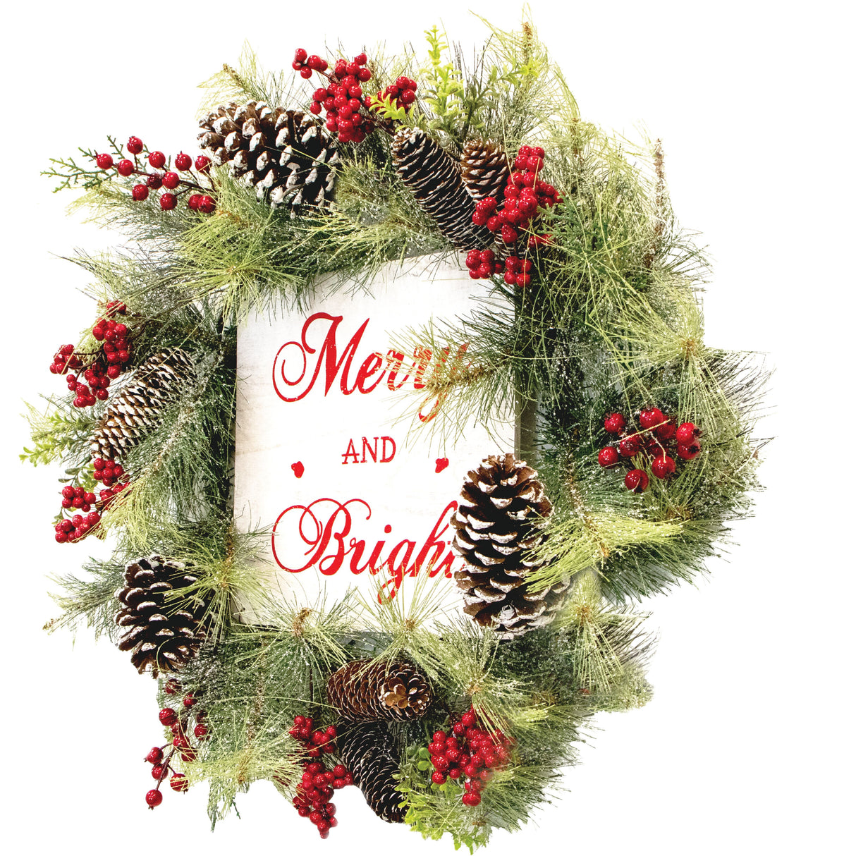 26-Inch Frosted Wreath with Pinecones, Red Berries, and Merry Christmas Sign