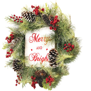 26-Inch Frosted Wreath with Pinecones, Red Berries, and Merry Christmas Sign