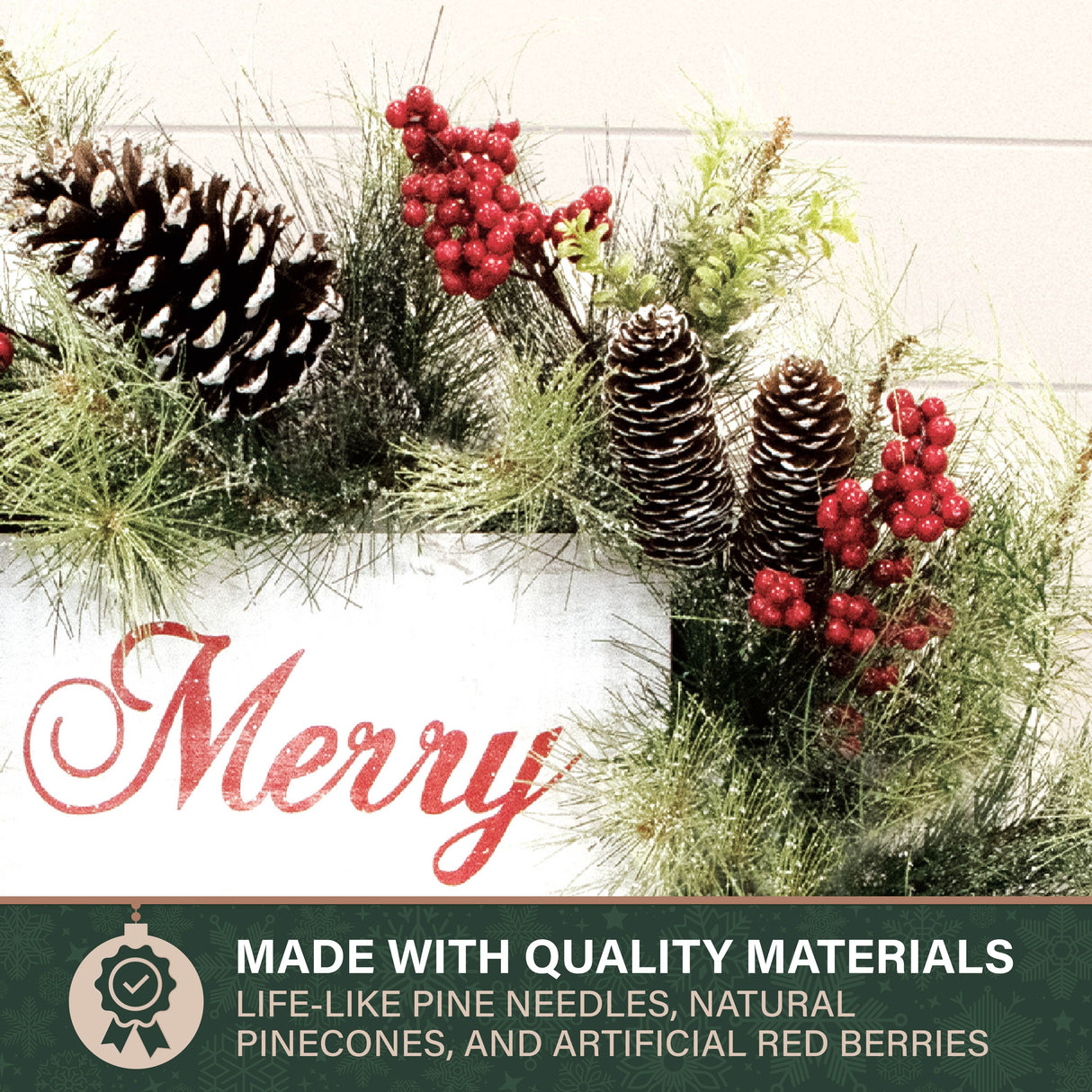 26-Inch Frosted Wreath with Pinecones, Red Berries, and Merry Christmas Sign