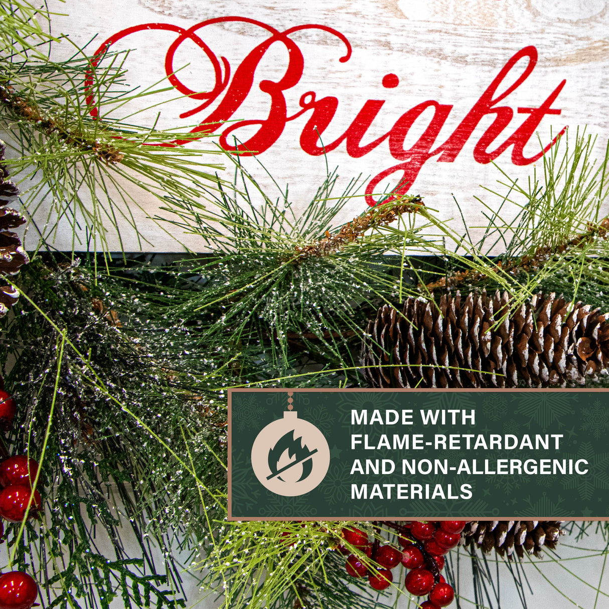 26-Inch Frosted Wreath with Pinecones, Red Berries, and Merry Christmas Sign