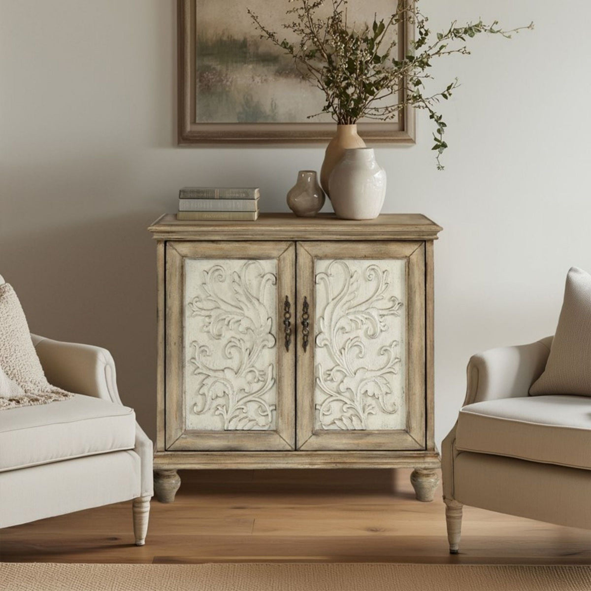 Driscoll - 2 Door Cabinet With Floral Design - Reclaimed Natural
