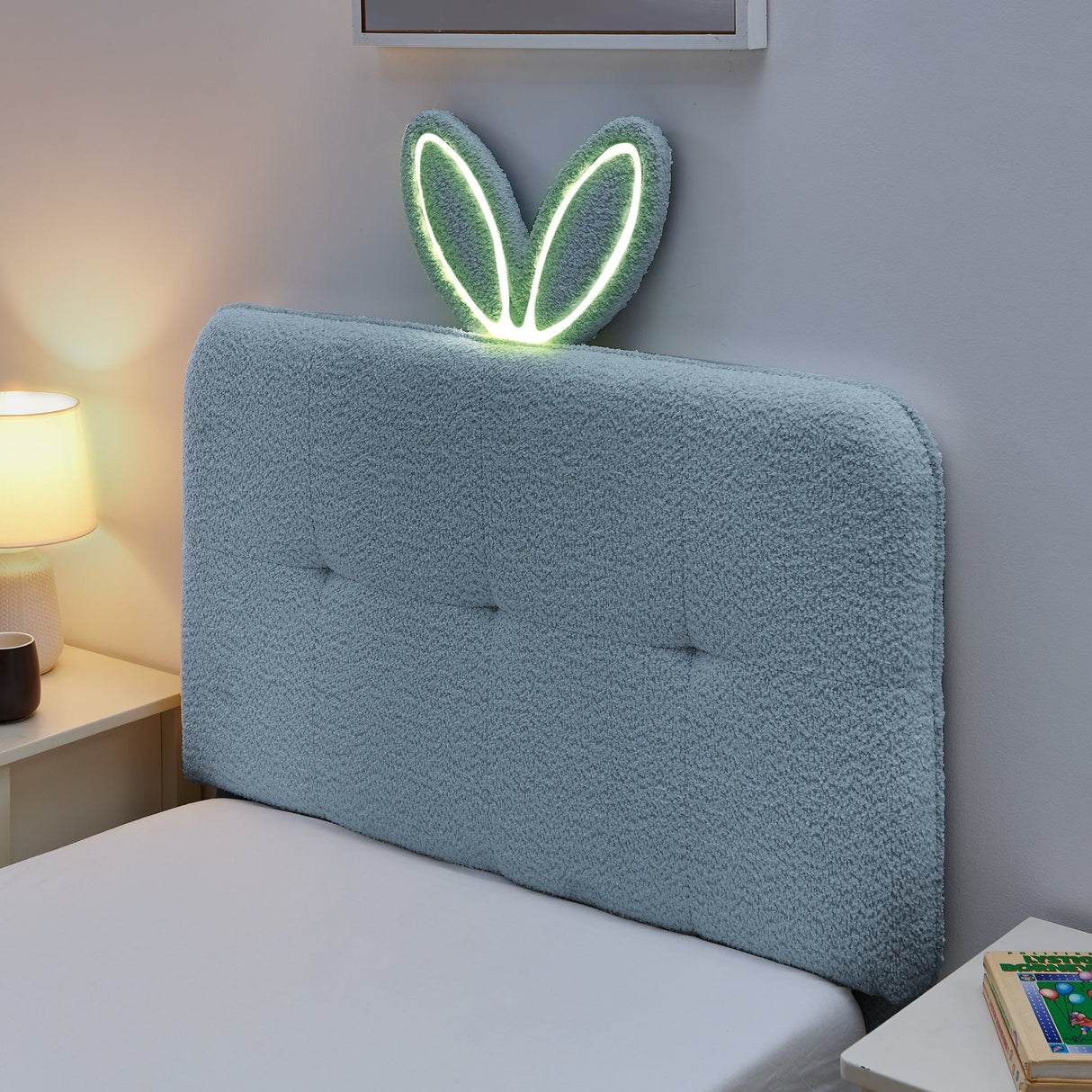 Twin Size Kids Upholstered Bed with Oversized Rabbit Ear Headboard, LED Light & 4 Storage Drawers, Boucle Fabric (79.5''X40.75''X41'')