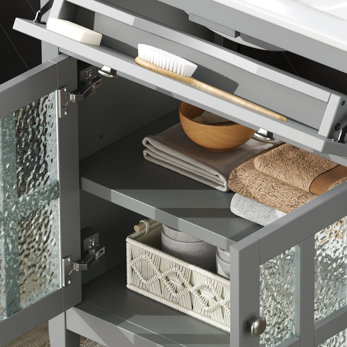 Bathroom Vanity With Ceramic Sink, Adjustable Shelf & Tip Out Tray