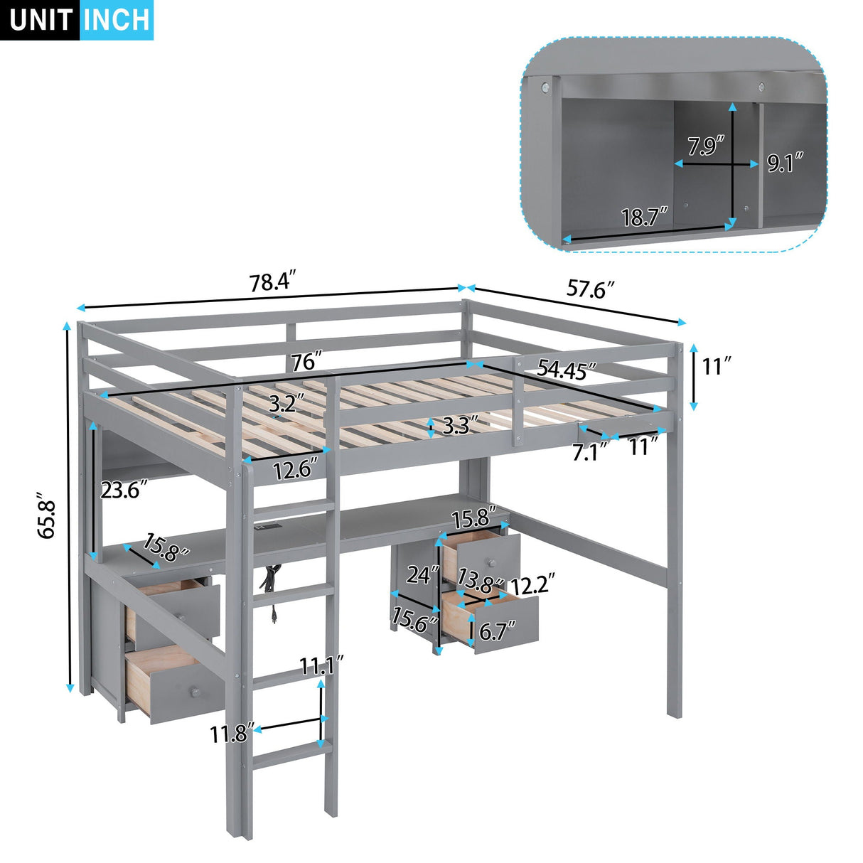 Loft Bed With Desk, Cabinets, Drawers, Charging Station And Bedside Tray