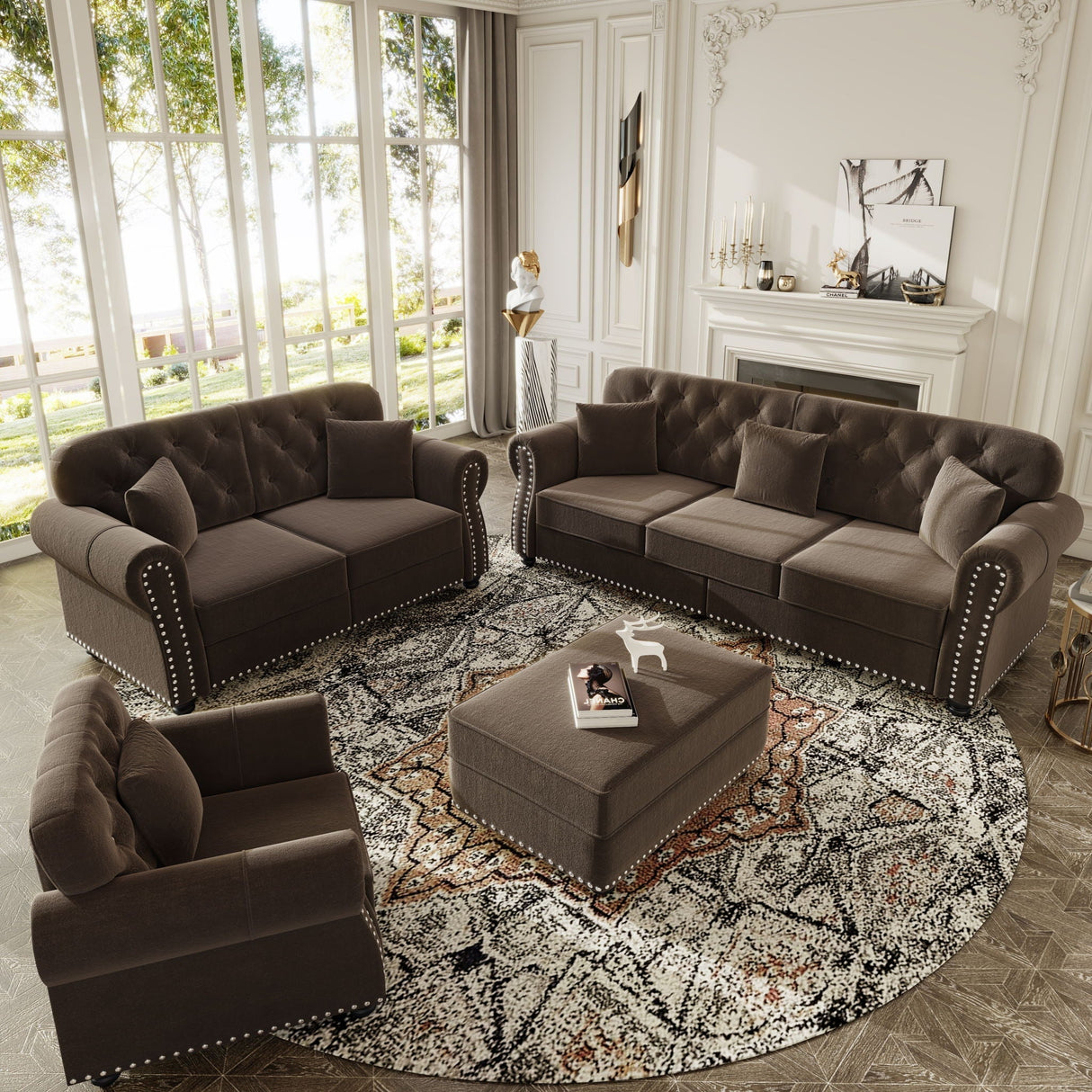 Upholstered Sofa Set With Nailhead Trim and Rolled Armrests, Includes Pillows