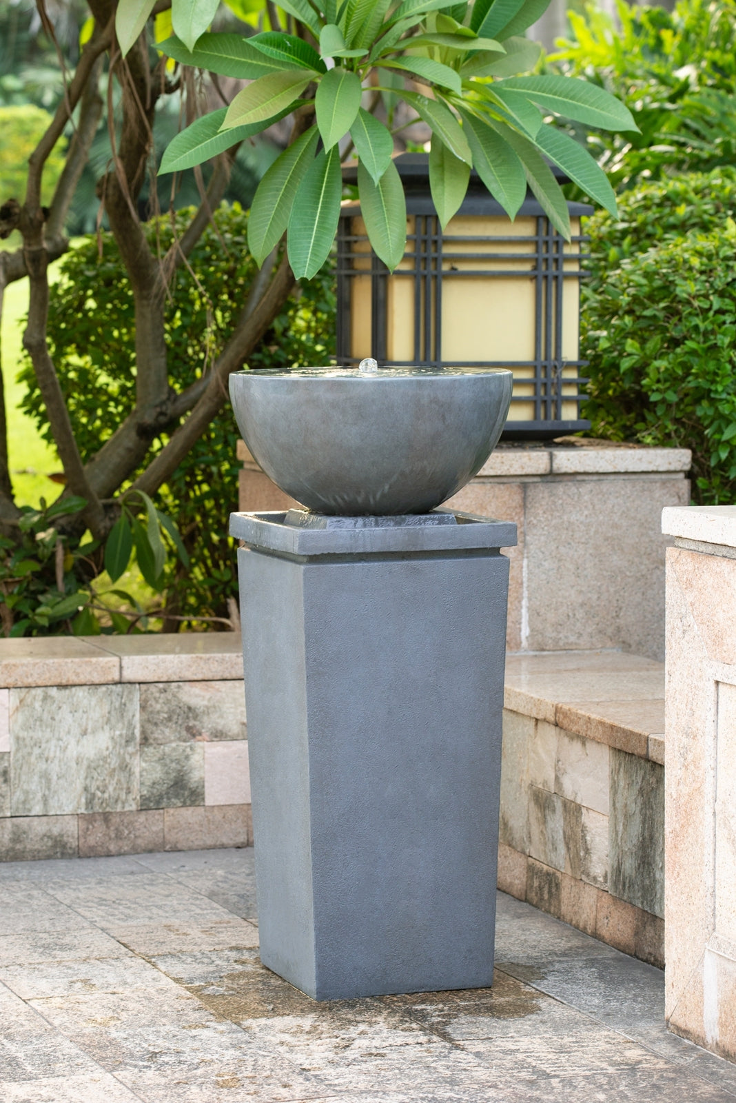 44.5' polyresin gray zen bowl water fountain, outdoor bird feeder /bath fountains, relaxing water feature for garden lawn backyard porch