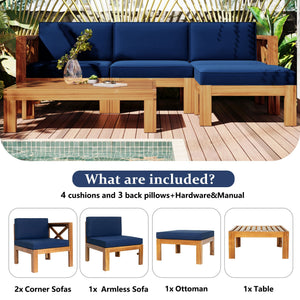 TOPMAX Outdoor 5-Piece Wood Sectional Patio Sofa Set with Blue Cushions