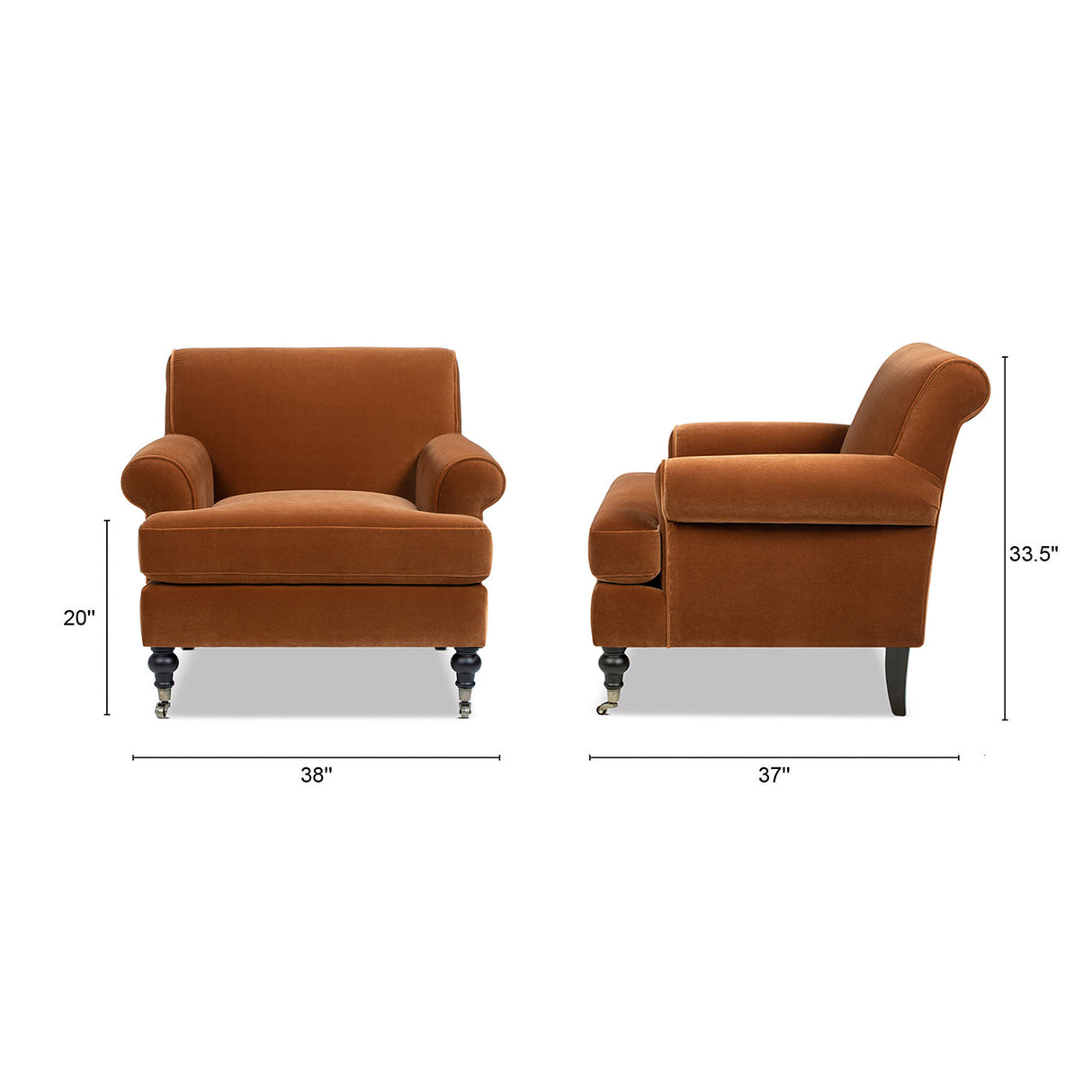 Alana 38' Lawson Accent Arm Chair Metal Casters, Burnt Orange Performance Velvet