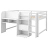 Low Loft Bed With Built In Desk, Storage Cabinets, Open Bookcase And Doodle board