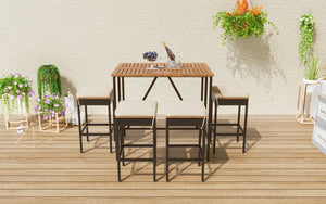 Acacia Wood Outdoor Bar Height Table Set with Cushioned Stools - Light Brown