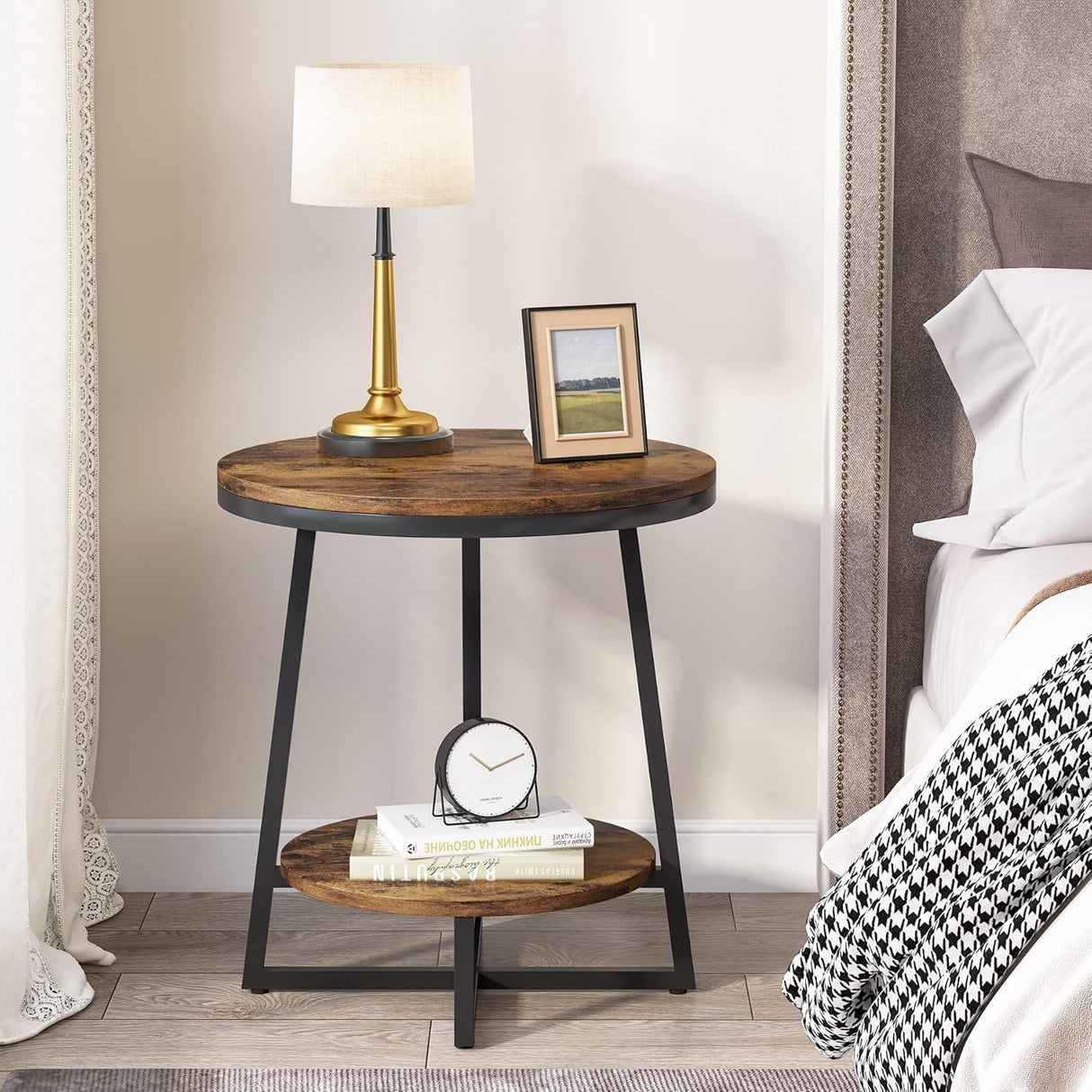 Round End Table With Hairpin Legs, 2 Tier For Living Room - Rustic Brown