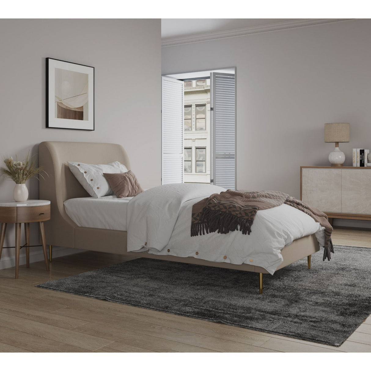 Mid-Century Modern Upholstered Bed With Curved Headboard