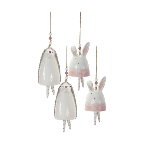 Blush bunny and hedgehog bell hanging garden accent (set of 4)