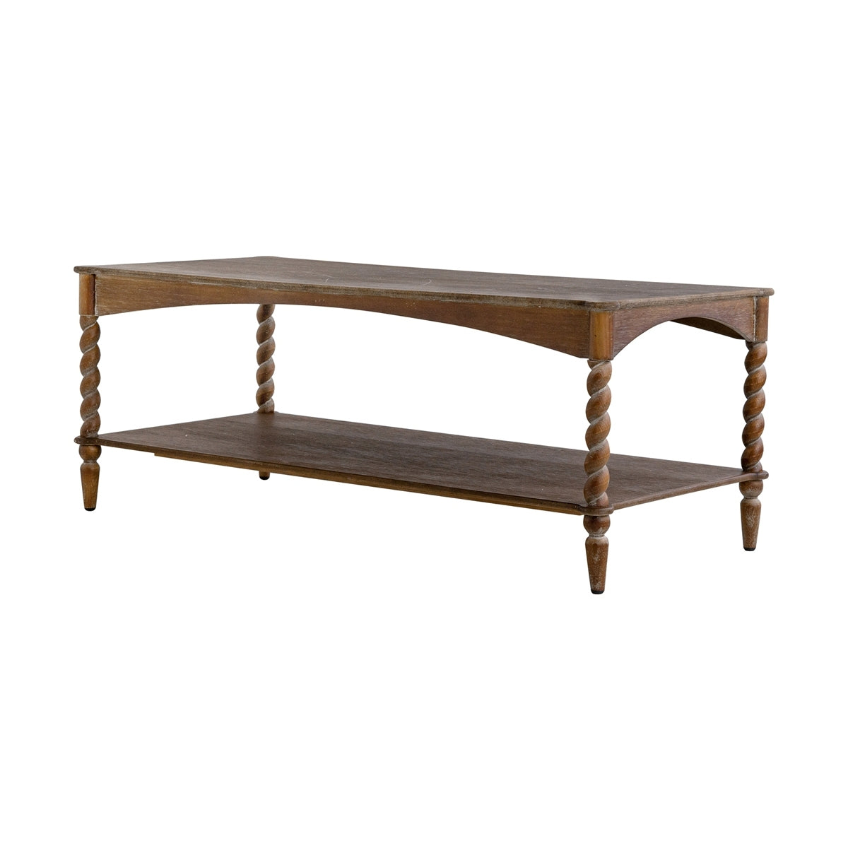 Rustic Brown Wood Coffee Table with Turned Spiral Legs and Lower Shelf