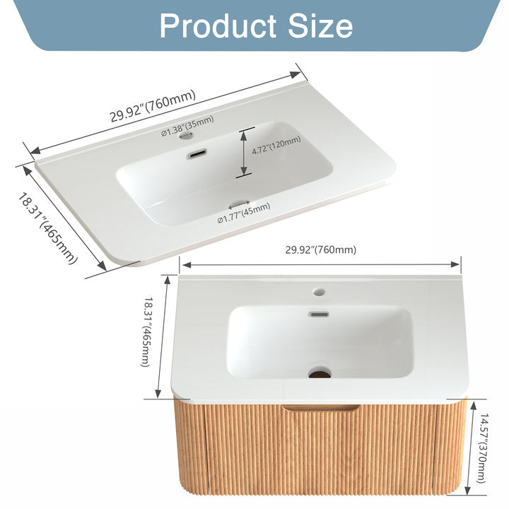 30-Inch Wall-Mounted Floating Solid Wood Bathroom Vanity