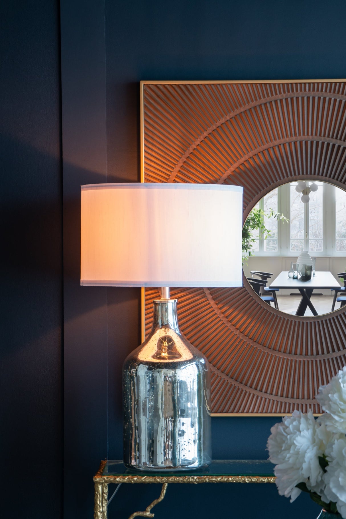 Silver Round Table Lamp with White Fabric Shade