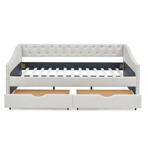 Upholstered Tufted Daybed With Drawers, Waved Arms