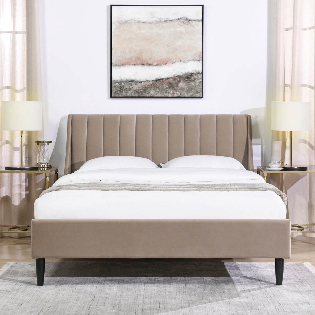 Aspen Vertical Tufted Modern Headboard Platform Bed Set, Queen, Mink Beige Performance Velvet
