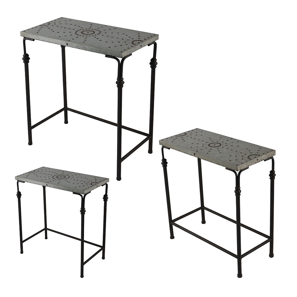 Set of 3 Metal Nesting Tables with Galvanized Tops - Antique Gray