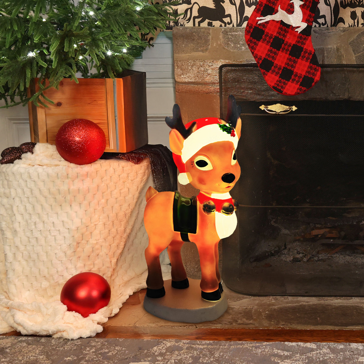 Fraser Hill Farm 28" Reindeer with Santa Hat Christmas Blow Mold