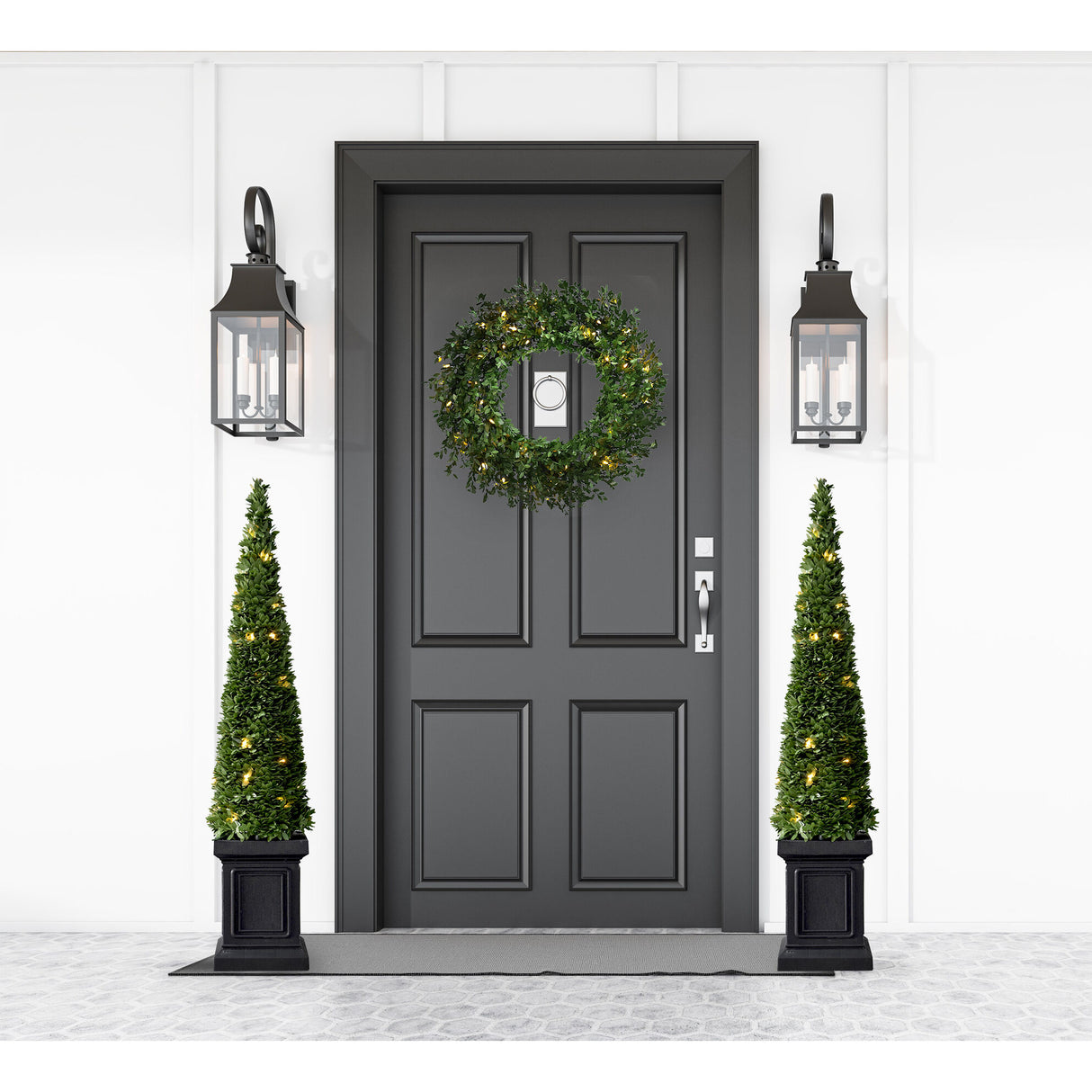 40" Boxwood Topiary Cone with Square Pot and Warm White LED Lights