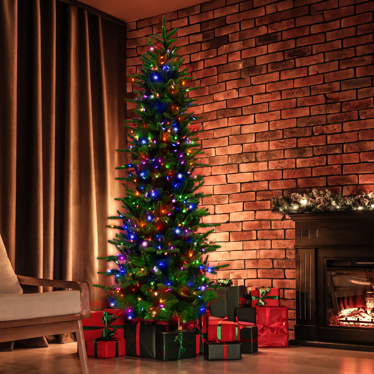 9-Ft. Carmel Pine Slim Artificial Christmas Tree with Dual Multicolor & Warm White LED Lights