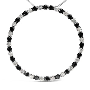 .925 Sterling Silver 3.0 Cttw Alternating Black and White Diamond Open Hoop Circle Pendant Necklace (H-I Color, I3 Clarity) - 18" Inches
