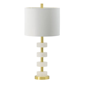 Marble Table Lamp with Brass Frame and White Fabric Shade - White + Gold