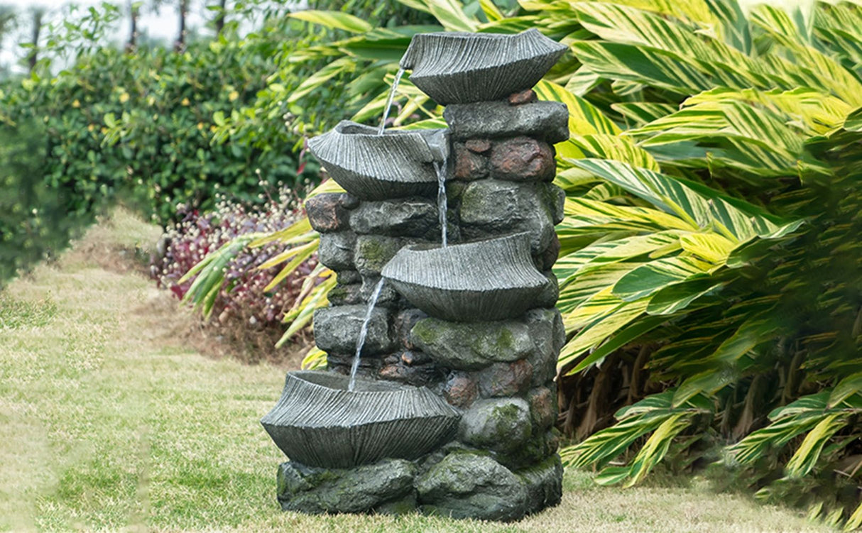 Indoor Outdoor Stone Water Fountain - 4 Tier Polyresin with LED Light