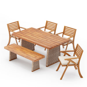 Outdoor 6 Pieces Acacia Wood Dining Set with Handwoven Rattan Legs, Brown Wicker