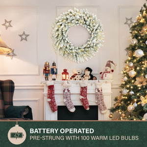 36-In. Icy Frost Snow Flocked Wreath with Warm White LED Lights