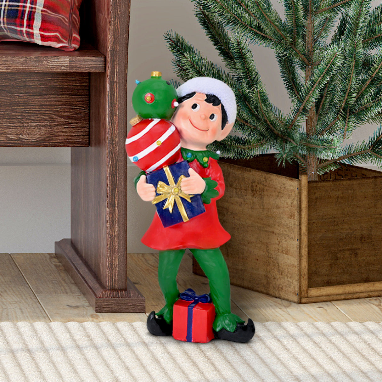 30-inch Elf Figurine Holding Presents with Built-in Multicolor LED Lights