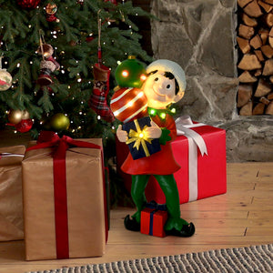 30-inch Elf Figurine Holding Presents with Built-in Multicolor LED Lights