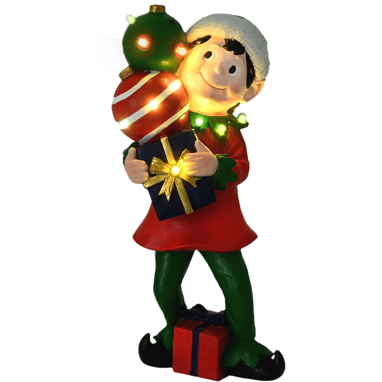 30-inch Elf Figurine Holding Presents with Built-in Multicolor LED Lights