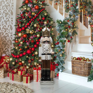 48-In. Nutcracker Holding Staff MGO Figurine, Festive Indoor Christmas Holiday Decorations, White/Gold