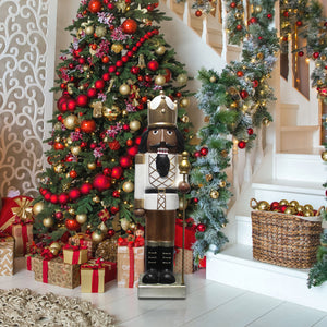 48-In. African American Nutcracker Holding Staff MGO Figurine, Festive Indoor Christmas Holiday Decorations, White/Gold