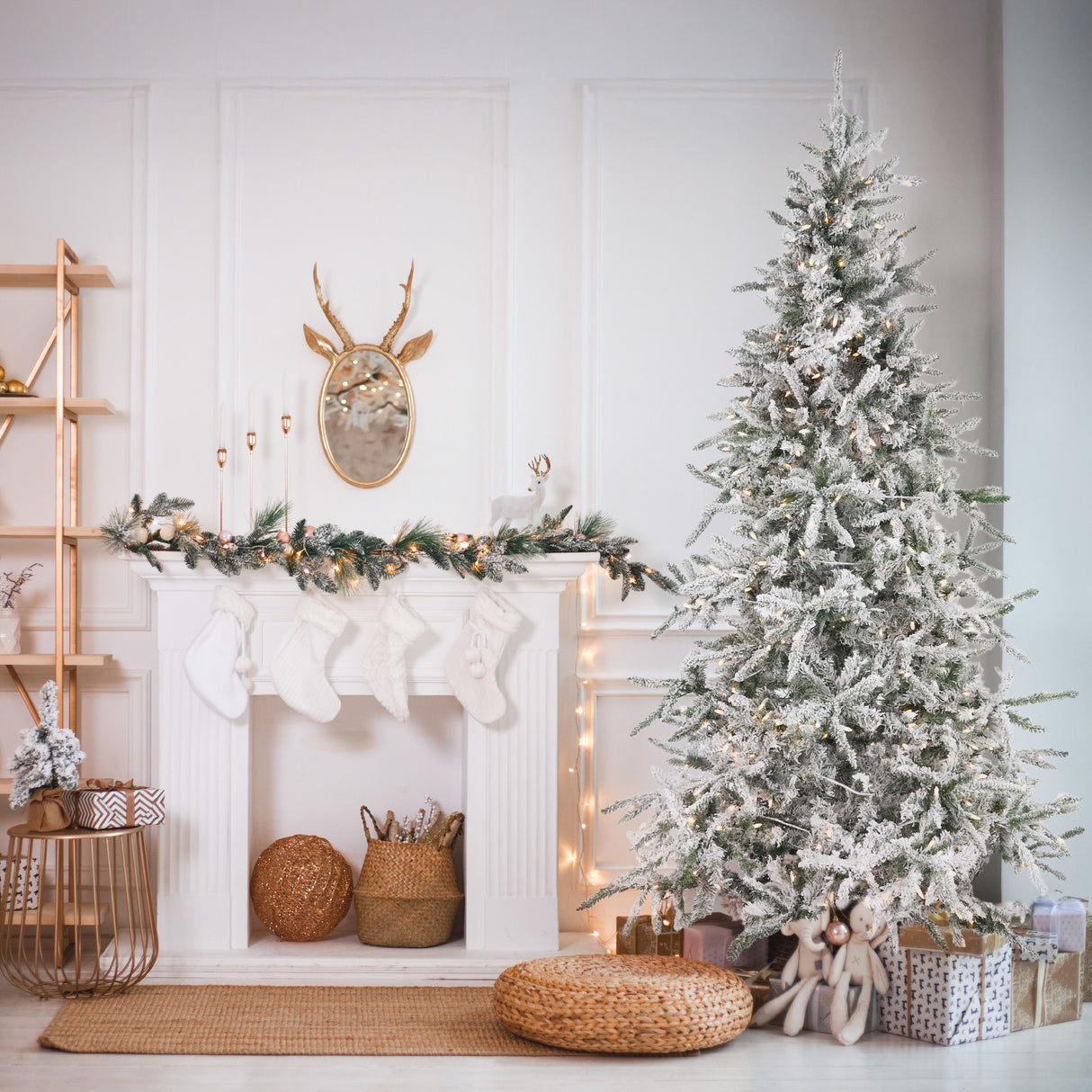 Fraser Hill Farm 10-Ft Flocked Mountain Pine Artificial Christmas Tree with White Incandescent Smart Lights